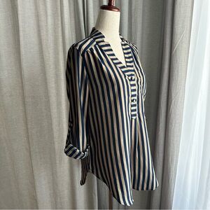 Love Culture Blue and Beige stripe cuffed blouse